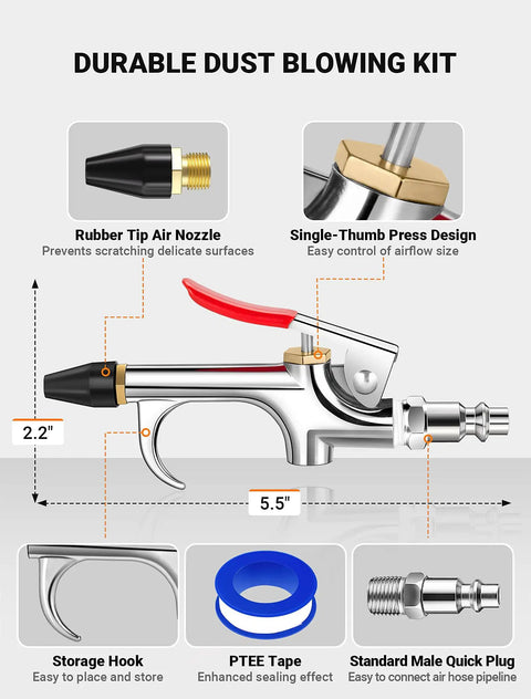 Four Piece Air Blow Gun Kit with Two Way Connection, 1/4 Inch Quick Fitting, Rubber Tip, Chrome Plated Zinc Alloy for Cleaning