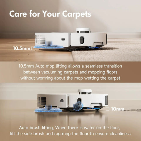 P10 Pro Ultra Robot Vacuum And Mop demonstrating 10.5mm carpet lifting feature on mixed flooring.