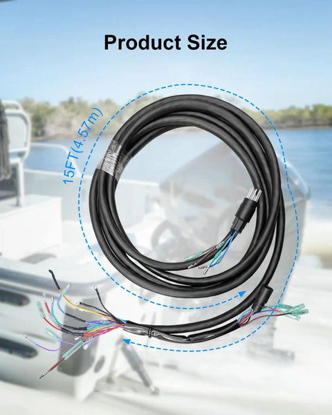 Heavy Duty Outboard Wiring Harness For 881170A15, coiled with detailed view, on boat background