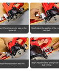 Four-step guide for using Pro Grade Circular Saw Guide Rail For 12 Inch Saw Base, showing setup and adjustment process.