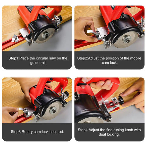 Four-step guide for using Pro Grade Circular Saw Guide Rail For 12 Inch Saw Base, showing setup and adjustment process.