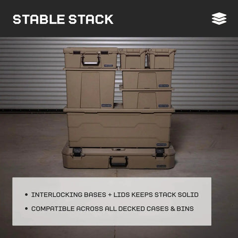 Sixer 16 Protective Case With Removable Tool Tray Blaze Orange, stack of decked cases with interlocking lids in a warehouse