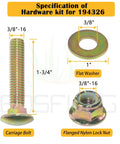 Specification of hardware kit for 194326, including carriage bolt, flat washer, and flanged nylon lock nut.