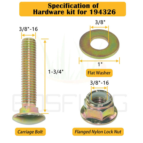 Specification of hardware kit for 194326, including carriage bolt, flat washer, and flanged nylon lock nut.