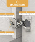 30 Piece One And One Quarter Inch Overlay Soft Close Cabinet Hinges Satin Nickel 105 Degree Face Frame Hidden Concealed Self Closing Hinges For Kitchen Cabinets Stainless Steel Three Way Adjustable Vertical Horizontal Depth showing adjustment directions