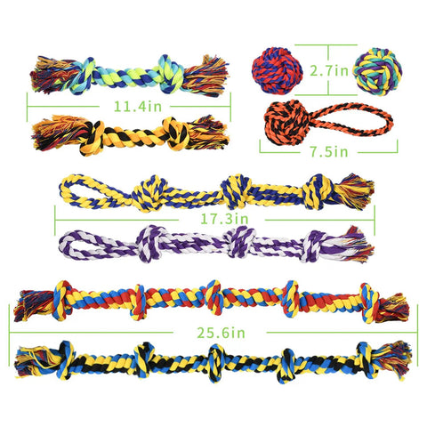 Indestructible Rope Chew Toys Set For Aggressive Chewers, Heavy Duty Dental Rope Toys For Large Breeds, 27 Inch Five Knot Cotton Tug Toys, Teething And Dental Health Kit Of Nine, colorful cotton ropes and balls displayed with measurements.