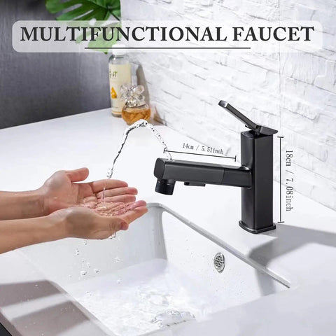 Game Changing Black Stainless Steel Bathroom Faucet With Pull Down Sprayer And Single Handle For Hot And Cold Water 360 Degree Swivel Spray Head Easy Install No Fuss Durable Metal Sink Tap in use with water flow