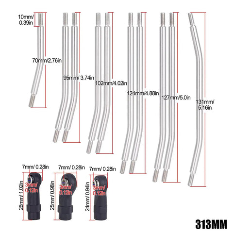 313mm Wheelbase Stainless Steel Link Rod Set For 1/10 RC Crawler Axial SCX10 II 90046 Upgrade Parts with measurements
