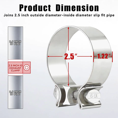 2.5 Inch Exhaust Clamp Universal Stainless Steel Narrow Band For 2.5 Inch OD Pipes Mufflers Catalytic Converters Easy Clamp