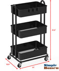 Beefy Steel Frame 3 Tier Metal Utility Rolling Cart With Black Finish For Home Garage Kitchen Organization And Easy Mobility On Four 2 Inch Casters Great For Organizing Tools Craft Supplies Pantry Items And Cleaning Gear, side view showing mesh baskets and dimensions