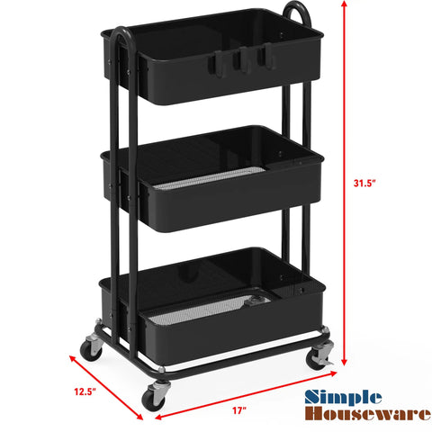 Beefy Steel Frame 3 Tier Metal Utility Rolling Cart With Black Finish For Home Garage Kitchen Organization And Easy Mobility On Four 2 Inch Casters Great For Organizing Tools Craft Supplies Pantry Items And Cleaning Gear, side view showing mesh baskets and dimensions