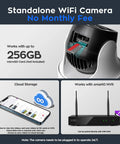Standalone WiFi camera system with 10X Zoom Dual Lens PTZ Security Camera With AI Auto Tracking And 2K HD Wireless Indoor Outdoor Surveillance System, microSD compatibility, and cloud storage features.
