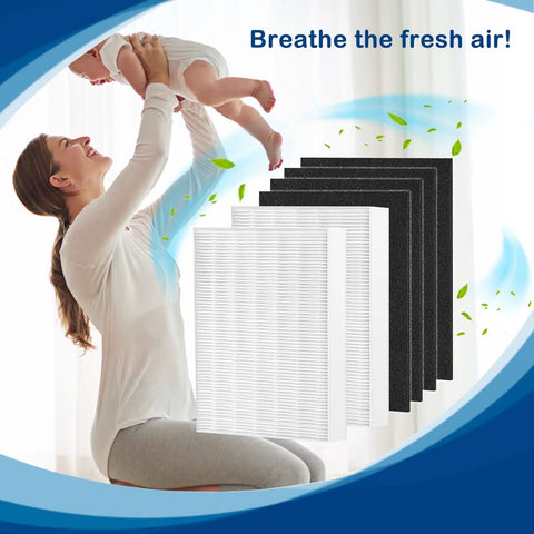 Woman holding baby in fresh air next to HEPA Replacement Filter Pack For Air Instinct And Oreck Purifiers Includes Two True HEPA Filters