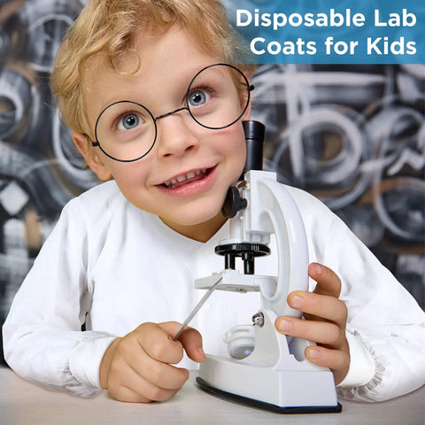 Child wearing 20 Pack Disposable Kids Lab Coats White Scientist Costume Set With Elastic Knit Cuffs For Children using a microscope