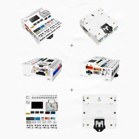 Industrial PLC Controller with StampS3A Core and Wireless IoT Support, showcasing relays and digital inputs, various angles.