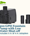 Auto No Fuss Shut Off Fountain Pump 300 GPH With Low Water Sensor, front view, with 1/2 in. and 3/4 in. adapters visible.