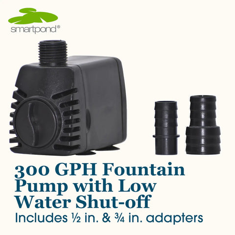 Auto No Fuss Shut Off Fountain Pump 300 GPH With Low Water Sensor, front view, with 1/2 in. and 3/4 in. adapters visible.