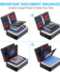 Go To Fireproof Document Bag With Lock 5200F Heat Resistant Safe Storage For Important Documents Passports And Laptop 8 Layer Insulated File Organizer Portable Home Travel Safe Water Resistant Black displaying organized blue and red document folders and passports inside compartments