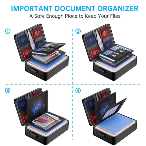 Go To Fireproof Document Bag With Lock 5200F Heat Resistant Safe Storage For Important Documents Passports And Laptop 8 Layer Insulated File Organizer Portable Home Travel Safe Water Resistant Black displaying organized blue and red document folders and passports inside compartments