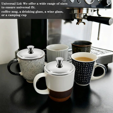 Solid Stainless Steel Universal Mug Lid Keeps Your Morning Grind Hot And Clean With Zero Fuss On Various Mugs And Glasses.
