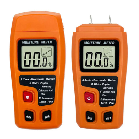Pro Grade Wood Moisture Meter Digital Humidity Tester for Timber with Four Modes, large LCD, orange case, front view
