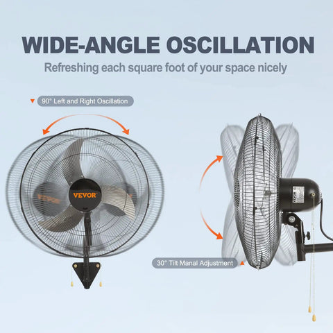 18 Inch Wall Mount Oscillating Fan With 3 Speeds Cranks Out High Velocity Air Up To 4000 CFM, shown with wide-angle oscillation