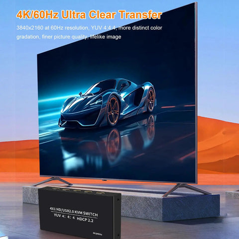 Hassle Free 4 Port KVM Switch With 4K 60Hz Video Sharing and Dual Computer Control shown with a 4K display and sleek sports car image.