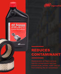 Bottle of all-season synthetic lubricant and air filters for Starter Kit For 2420 2340 2475 Duplex Air Compressors displayed on red background.