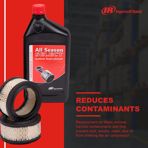 Bottle of all-season synthetic lubricant and air filters for Starter Kit For 2420 2340 2475 Duplex Air Compressors displayed on red background.