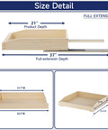 Size detail image showing Soft Close Pull Out Cabinet Organizer 22.5 Inch Wide By 21 Inch Deep Wood Drawer Shelf dimensions.