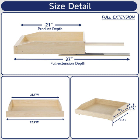 Size detail image showing Soft Close Pull Out Cabinet Organizer 22.5 Inch Wide By 21 Inch Deep Wood Drawer Shelf dimensions.
