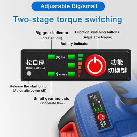 Pickup And Go 21V Lithium Battery Electric Fuel Transfer Pump With 36 Inch Stainless Steel Tube control panel for adjustable torque.