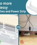 Comparison of messy cables and organized look with Under Desk Cable Management Tray No Drill Mesh Organizer.