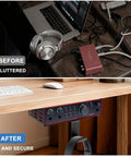 Heavy Duty Under Desk Mount For Scarlett 2i2 4th Gen With Adjustable Headphone Hanger installed, showing tidy workspace after setup