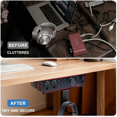 Heavy Duty Under Desk Mount For Scarlett 2i2 4th Gen With Adjustable Headphone Hanger installed, showing tidy workspace after setup