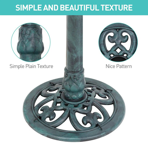 28 Inch Pedestal Bird Bath With Scalloped Bowl Vintage Outdoor Garden Decor Green Resin Weatherproof And Lightweight Backyard Accent That Attracts Birds, Easy Setup, Frost Resistant pedestal base close-up with textured pattern.