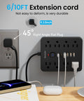 Heavy Duty Six Foot Flat Plug Extension Cord With Surge Protection Power Strip Featuring Eight AC Outlets And Six USB Ports To Keep Your Gadgets Fully Juiced Ditch The Clutter Set Yourself Up Right Straight Up right angle flat plug power strip and devices on table