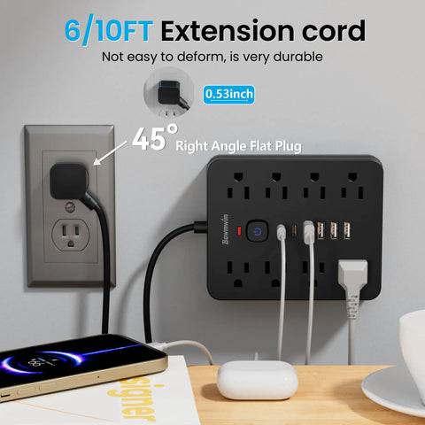 Heavy Duty Six Foot Flat Plug Extension Cord With Surge Protection Power Strip Featuring Eight AC Outlets And Six USB Ports To Keep Your Gadgets Fully Juiced Ditch The Clutter Set Yourself Up Right Straight Up right angle flat plug power strip and devices on table