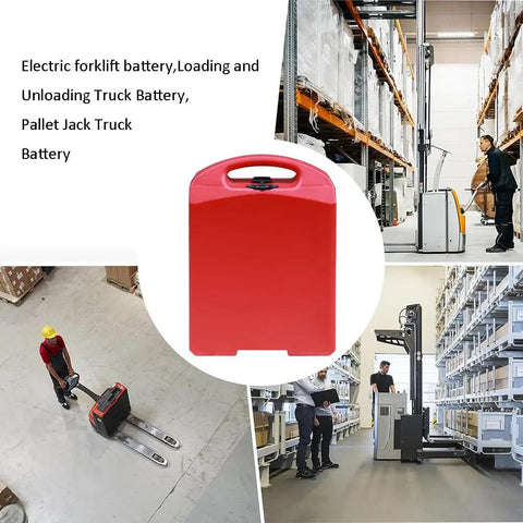 Top Shelf LifePO4 Lithium Battery For Electric Pallet Jack And Warehouse Forklift Trucks 24V 48V shown in warehouse setting.