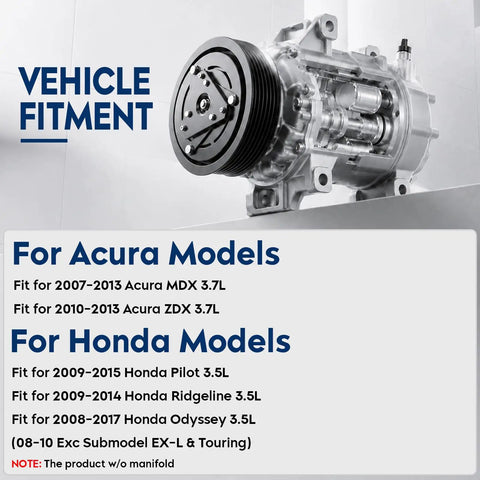 Slick AC Compressor With Clutch For Honda Pilot Odyssey Ridgeline And Acura Mdx 3 Point 5 And 3 Point 7 Liter Engine vehicle fitment chart.