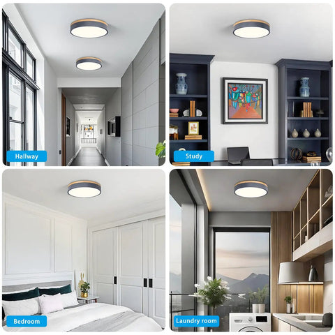 Dimmable Wood Oak Ceiling Light Fixture In Modern Gray LED Flush Mount With 5CCT Circular Minimalist Design in various rooms