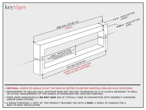 Diagram of 24 Inch Back To Back Modern Stainless Steel Door Handle Set in Matte Black for Interior and Exterior Doors, Rectangle Bar.