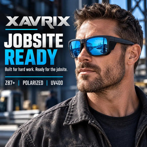 Boss Level Z87 Certified Safety Sunglasses Featuring Hardcore Removable Side Shields For Backcountry Hiking Skiing Kickass Uv Shielding And Crystal Clear Vision In Matte Blue Mirror Coating on a model with short hair and a black jacket.
