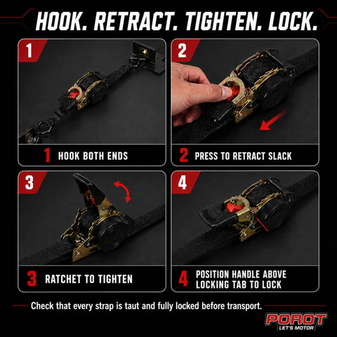 Instructions for using Slick Automatic Rewind Ratchet Straps 4 Pack 1 Inch By 10 Ft Handles 660 Lb for securing loads.