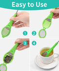 Long Handled Tea Infuser With Fine Mesh Strainer And Built In Plunger Reusable Loose Leaf Coffee Filter Duo in action steeping tea.