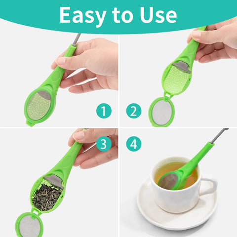 Long Handled Tea Infuser With Fine Mesh Strainer And Built In Plunger Reusable Loose Leaf Coffee Filter Duo in action steeping tea.