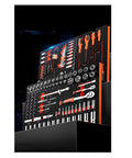 198 Piece Combination Tool Kit With Drawer Wrench, Four Hex Drill Bit Sockets displayed in foam organizer
