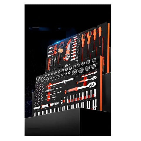 198 Piece Combination Tool Kit With Drawer Wrench, Four Hex Drill Bit Sockets displayed in foam organizer