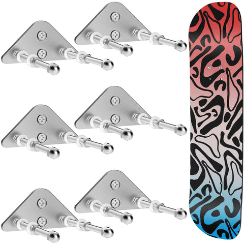 Sick Six Pack Aluminum Skateboard Wall Mount Hangers, aluminum finish, set of 6 with colorful skateboard for display.