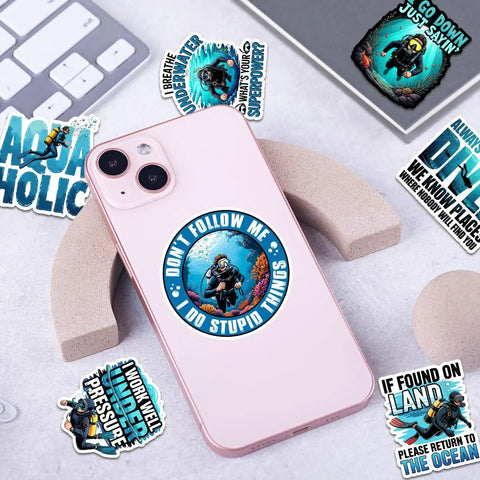 10 Piece Funny Scuba Diving Stickers Set Waterproof Vinyl Decals For Water Bottles Laptops Helmets Gear And More Ideal Gift For Divers Snorkelers Ocean Lovers 3 Inch Size on smartphone and table